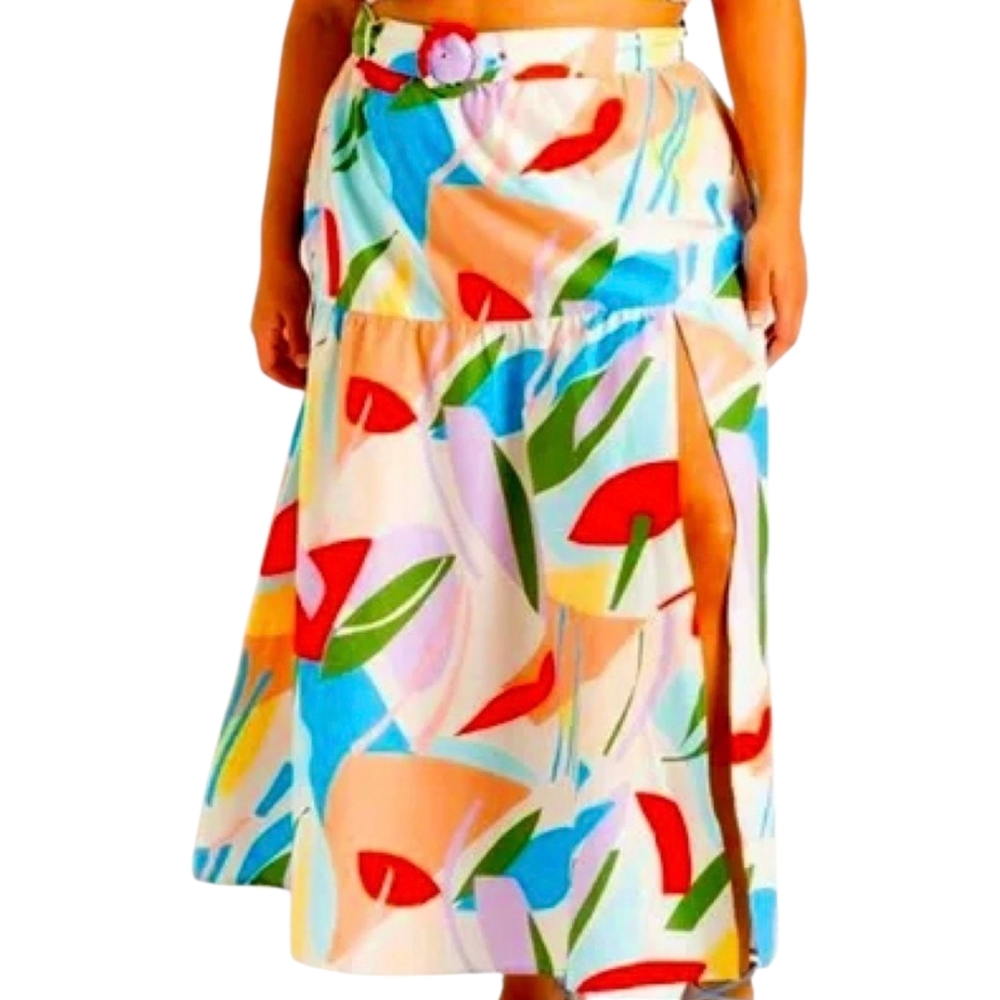 Eloquii Multicolor Pastel Floral Print Skirt With Side Slit Sz 14